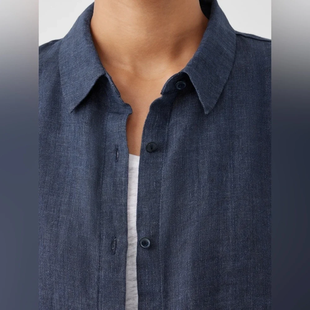 Eileen Fisher Washed Organic Linen Délavé Dusk Blue Button Down Long Shirt XXS